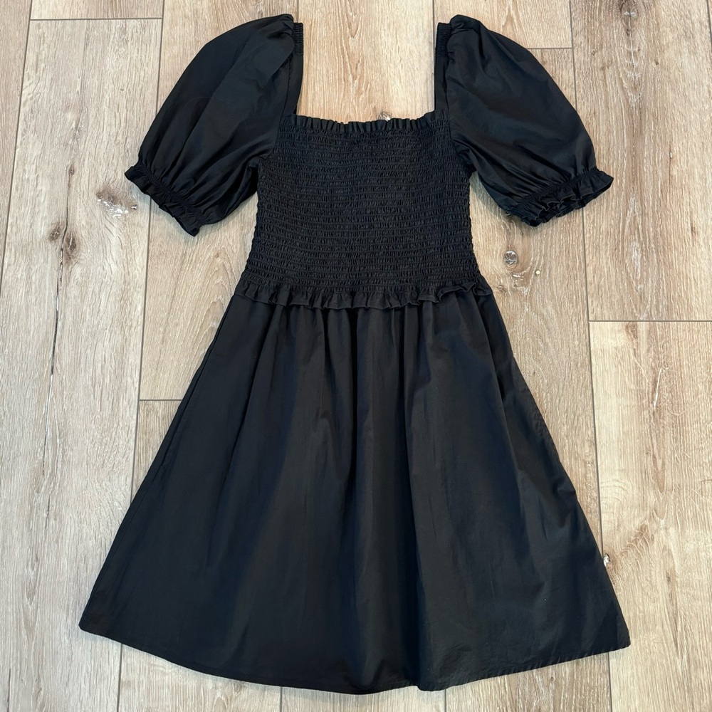 French Connection Black Puff Sleeve Mini Dress Gathered Ruched Casual Dress XS